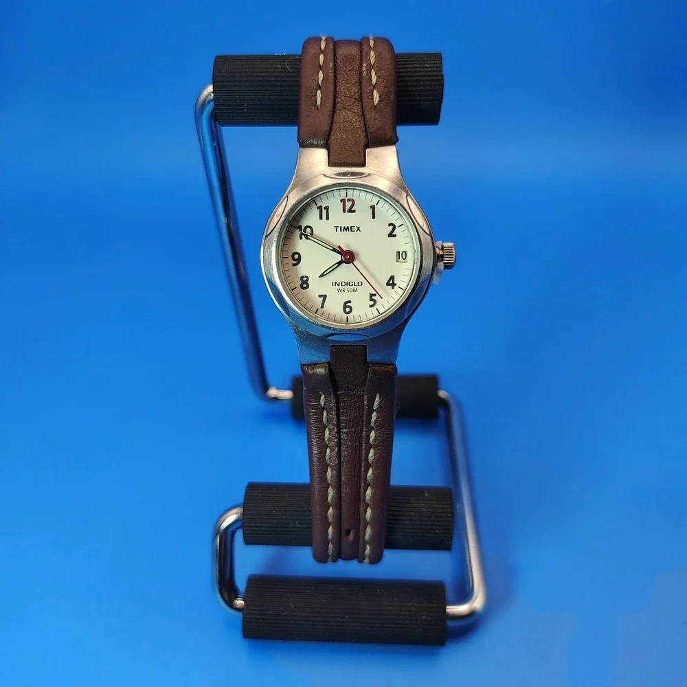 Vintage‎ 1995Timex INDIGLO 22mm Women's Quartz Watch Genuine Leather Plaid Strap